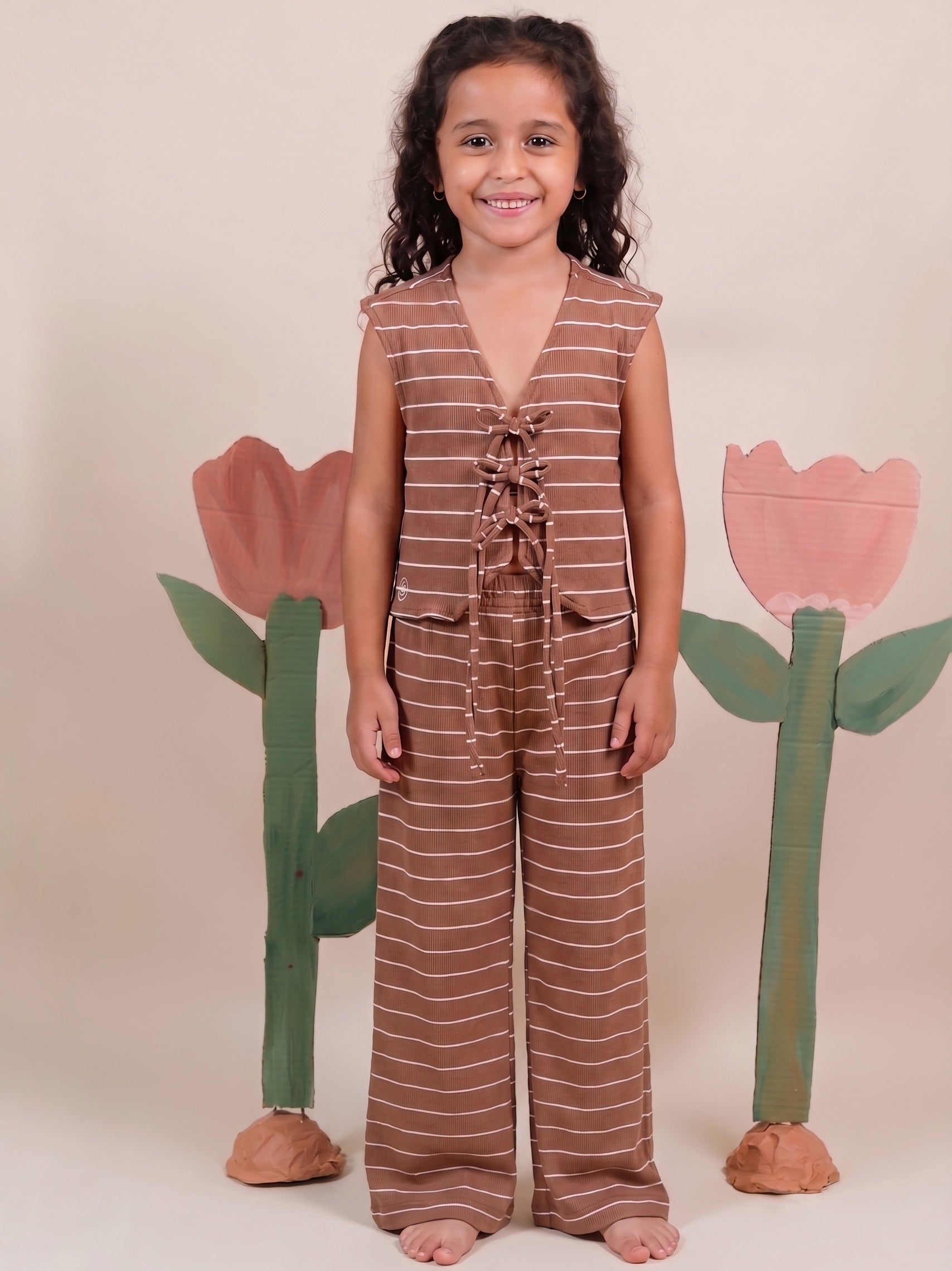 Conjunto Aura Rayas Cafe Claro Niña